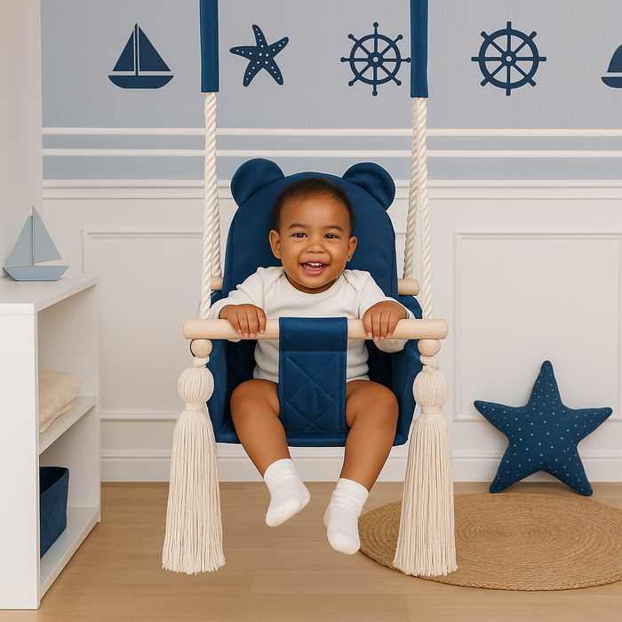Balançoire Enfant Intérieur Bleu Foncé Velours Siège Berçant avec Harnais de Sécurité