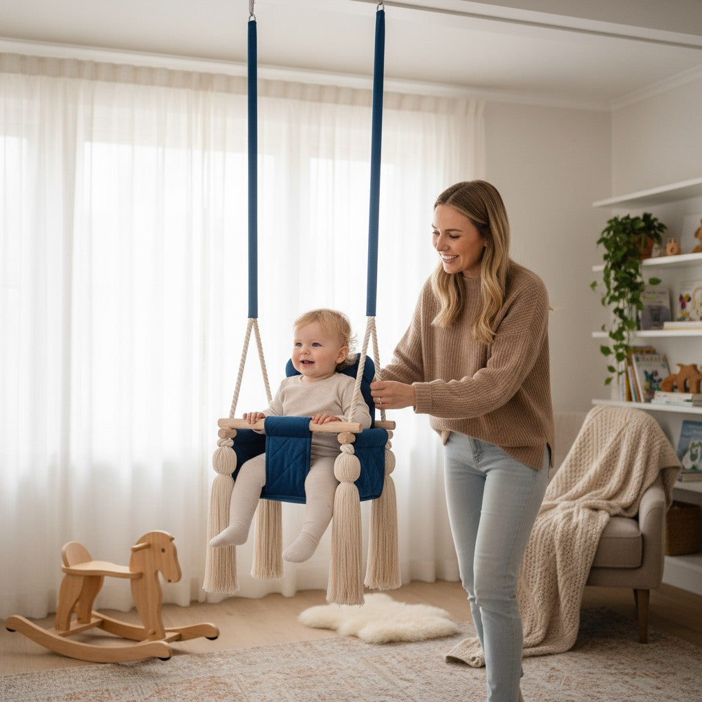 Balançoire bébé intérieur en velours bleu foncé avec harnais – vue 9