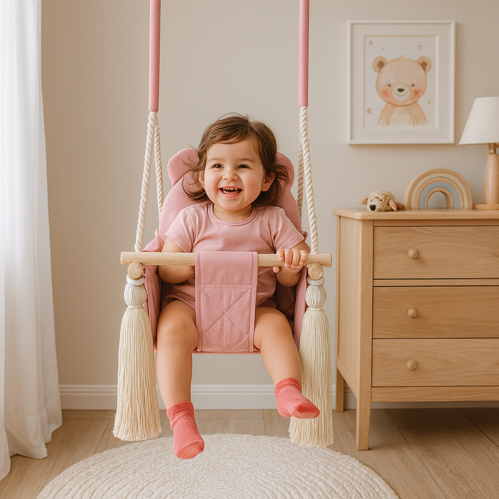 Balançoire bébé intérieur en velours rose avec harnais – vue 5